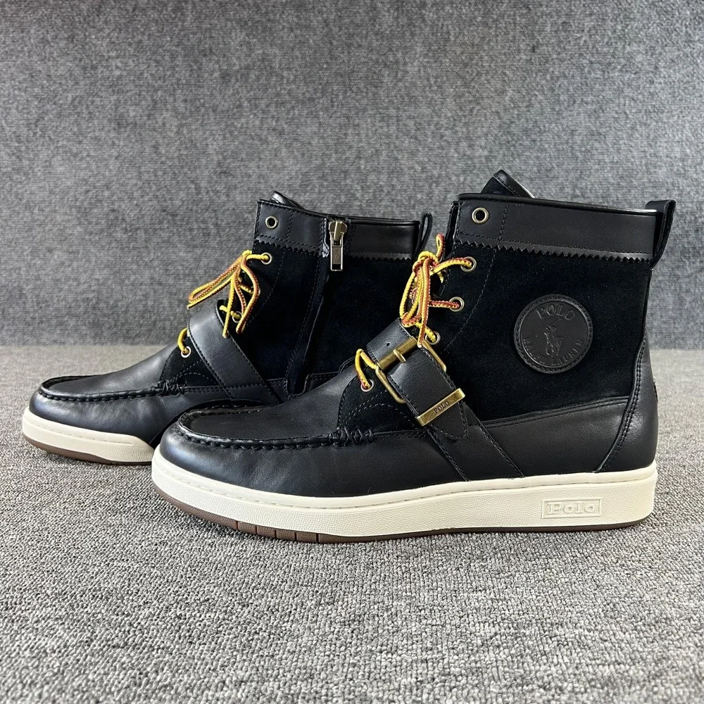 Polo Ralph Lauren Boots Mens 11 Black Leather SNKR Ranger Strap Lace Up Ankle‎